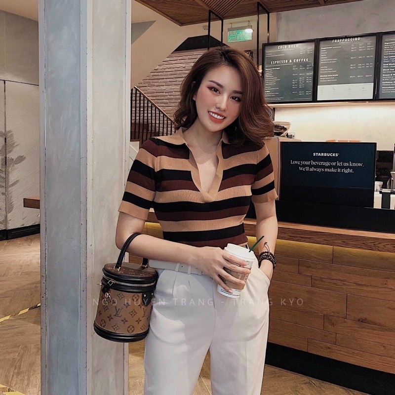 Áo len monterghi kẻ ngắn tay cổ bẻ 3 màu