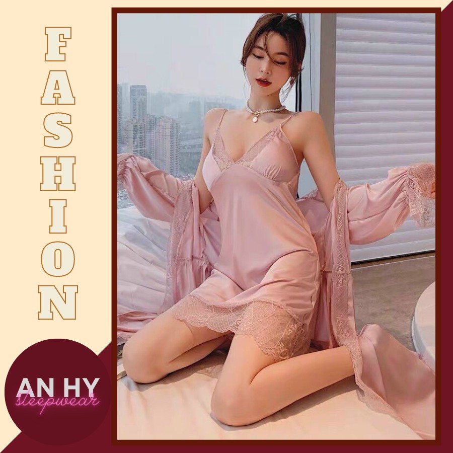 Set váy ngủ kèm áo choàng lụa cao cấp