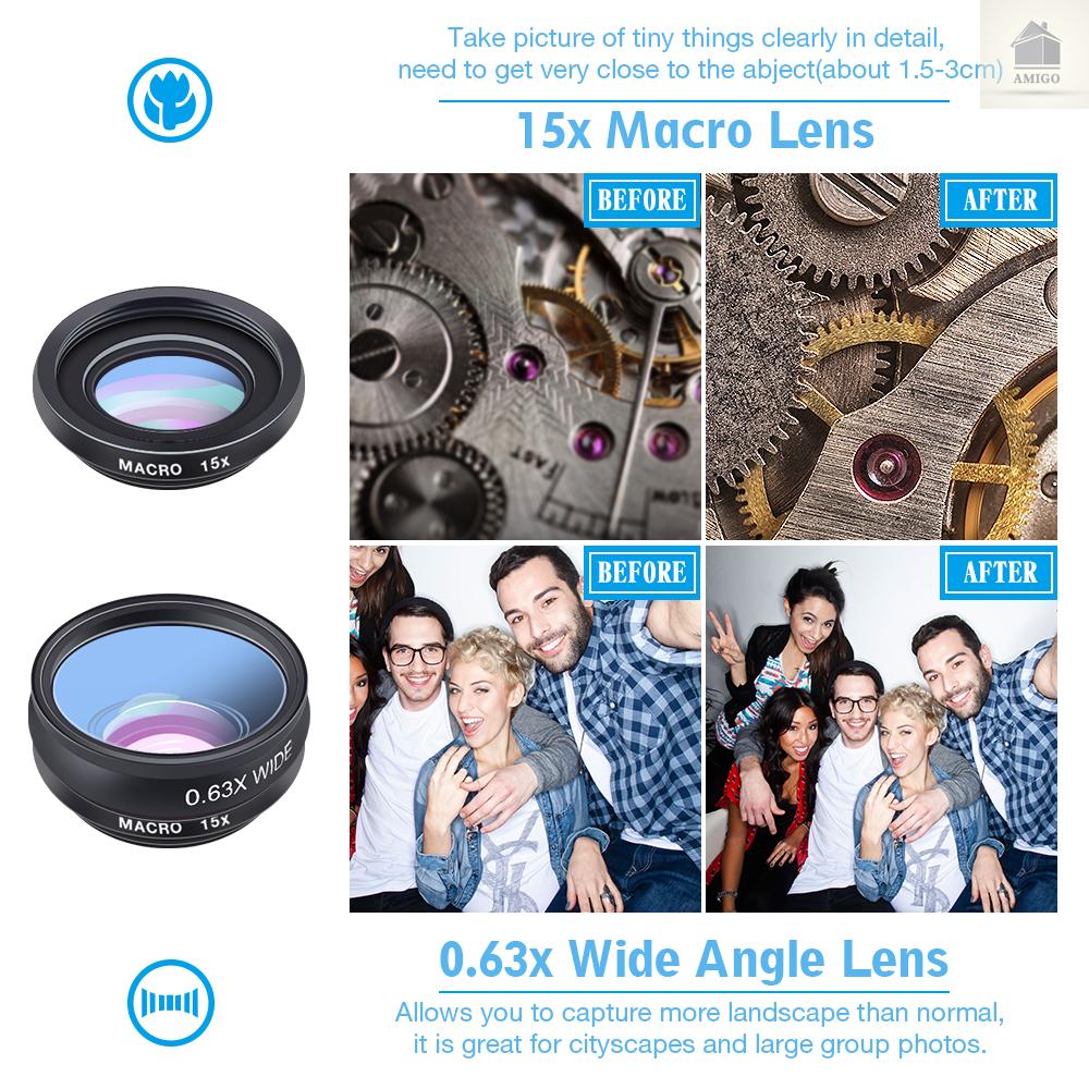 ANDROID Bộ Lens Máy Ảnh Điện Thoại Am Apexel 10 Trong 1 0.63x + Bộ Lọc Kính Lọc + 15x Macro + 198 °