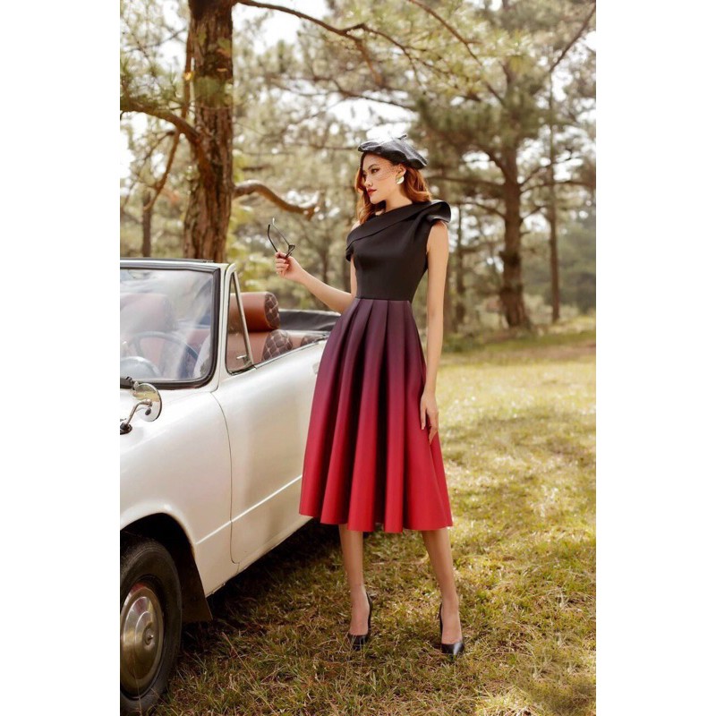 ĐẦM XOÈ LỆCH VAI PHỐI MÀU OMBRE