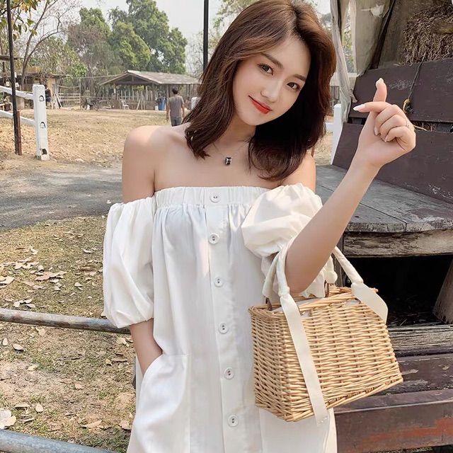 (Ảnh thật) Váy trắng trễ vai tay phồng dáng suông dài bo chun ngực phong cách boho vintage ulzzang cá tính