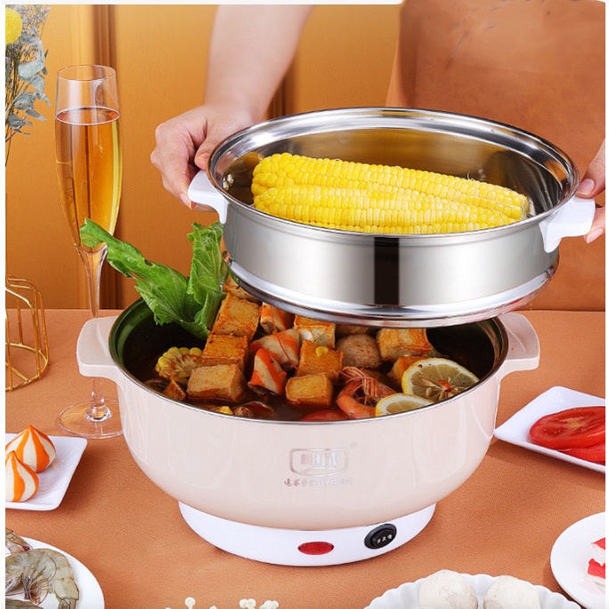 Nồi Lẩu Mini 28 cm, hấp 2 tầng, ca nấu mì, đa năng, Nấu Cơm, chiên, hấp_Gọn nhẹ, 2 nấc nhiệt, tiện dụng