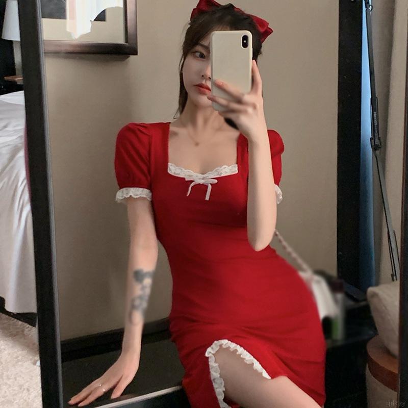 Đầm Tay Ngắn Phối Ren Thiết Kế Ôm Sát Tôn Dáng Thời Trang Theo Phong Cách Hàn Quốc