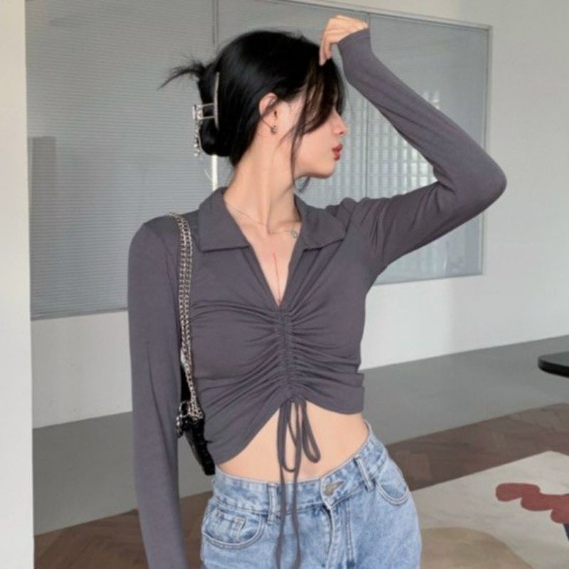 Áo thun cổ bẻ tay dài phối dây rút giữa sành điệu A15