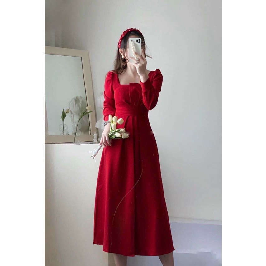 ĐẦM THIẾT KẾ DỰ TIỆC MIDI TAY DÀI - VÁY TRẮNG NUDE ĐỎ - GD149