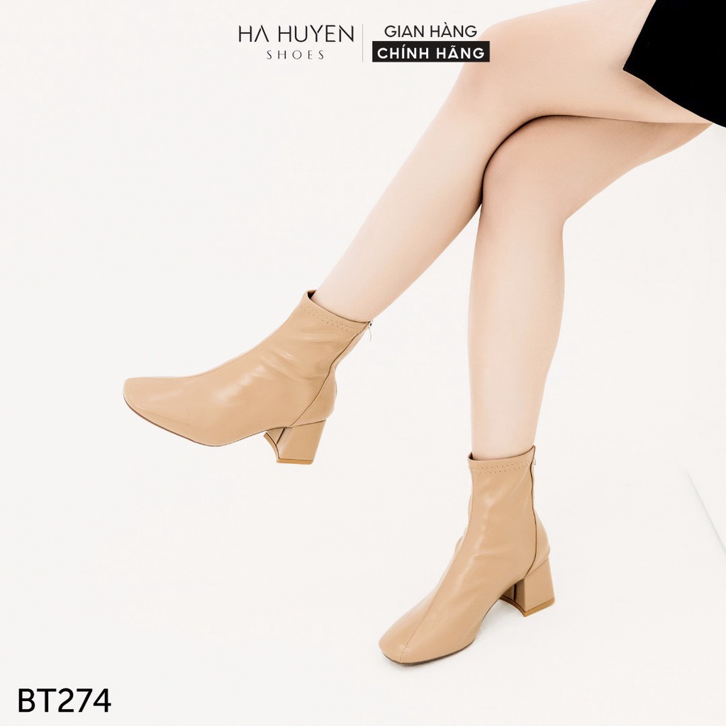 Giày bốt nữ Hà Huyền Shoes boot da lì mũi vuông chỉ lệch khóa sau gót vuông 5 phân - BT274