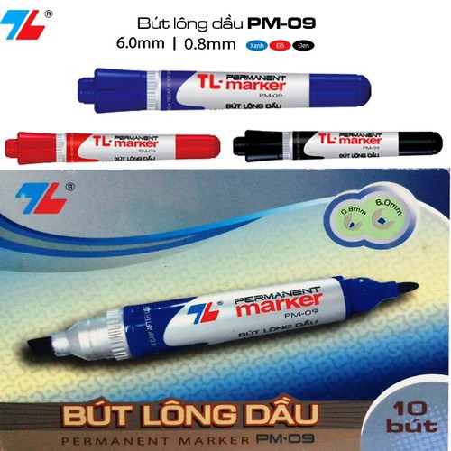 10 Bút lông dầu PM-09 2 đầu ngòi to nhỏ, viết không xóa