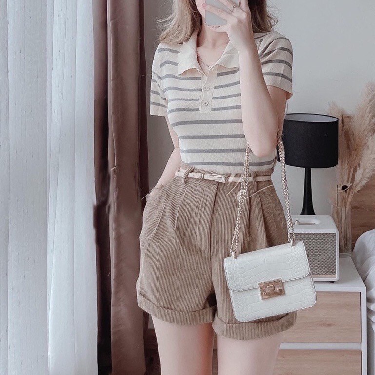 Quần Short Nhung Gân Dập Ly Hàng Thiêt Kế Cao Câp Lưng Cao Tôn Dáng