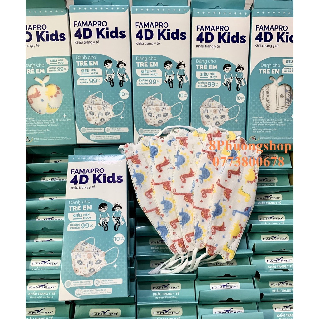 Khẩu trang cho bé 4D FAMAPRO IN HÌNH 10 cái/ Hộp - Khấu trang FAMAPRO 4D Kids 3 lớp kháng khuẩn in hình dễ thương