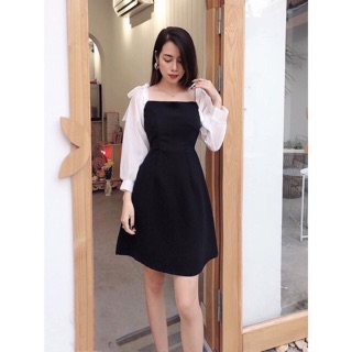 Đầm Đen Xoè Nhẹ Phối Tay Búp Trắng Cột Nơ