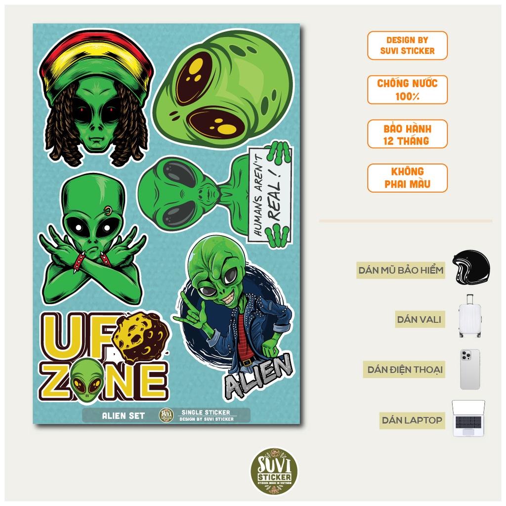 STICKER LẺ - Sticker Alien dán mũ bảo hiểm, laptop, điện thoại, vali. MSP: SS14