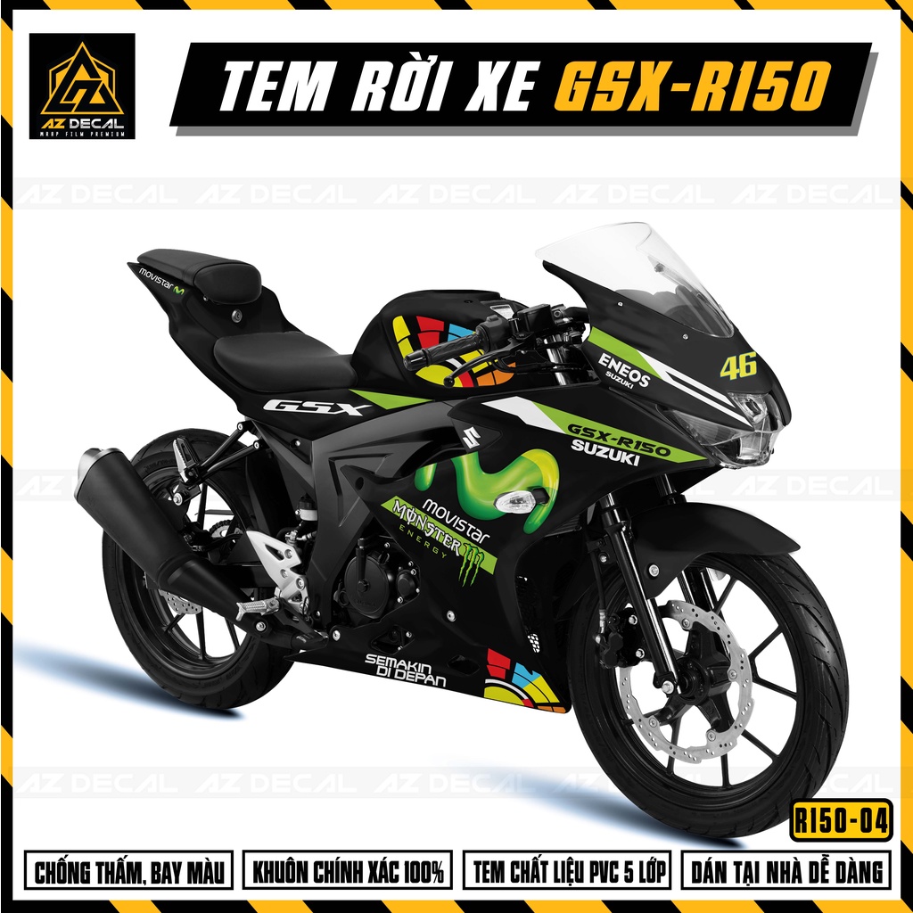 Tem Xe GSX R150 Mẫu Movistar | GSX R150-04 | Decal Rời Chống Nước, Cắt Khuôn Sẵn Dễ Dán Cho Xe Sơn Đỏ, Xanh, Đen, Trắng