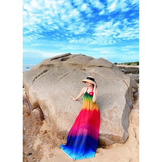 Đầm maxi form yếm hở lưng màu ombre đính hoa ngực - Hình thật 100%