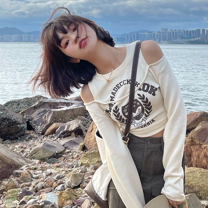 Áo Thun Tay Dài Hở Vai Giả Hai Lớp Phong Cách Mỹ Thời Trang Mùa Hè 2022 Dành Cho Bạn Nữ