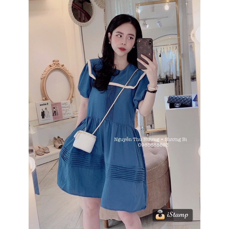 [Mã SKAMA06 giảm 8% tối đa 50K đơn 250K] Váy xanh xếp ly tay bồng cổ viền | BigBuy360 - bigbuy360.vn