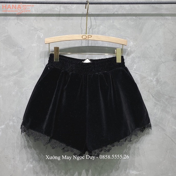 Quần short nhung phồng viền ren cạp cao chun co giãn - Quần sooc đùi nữ vải nhung lưng cao đi hẹn hò học chơi công sở