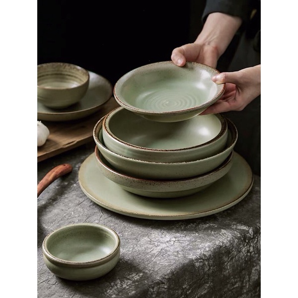 Bộ bát đĩa lẻ xanh nhám rustic Nhật Bản - Bộ gốm Nhật cổ cao cấp