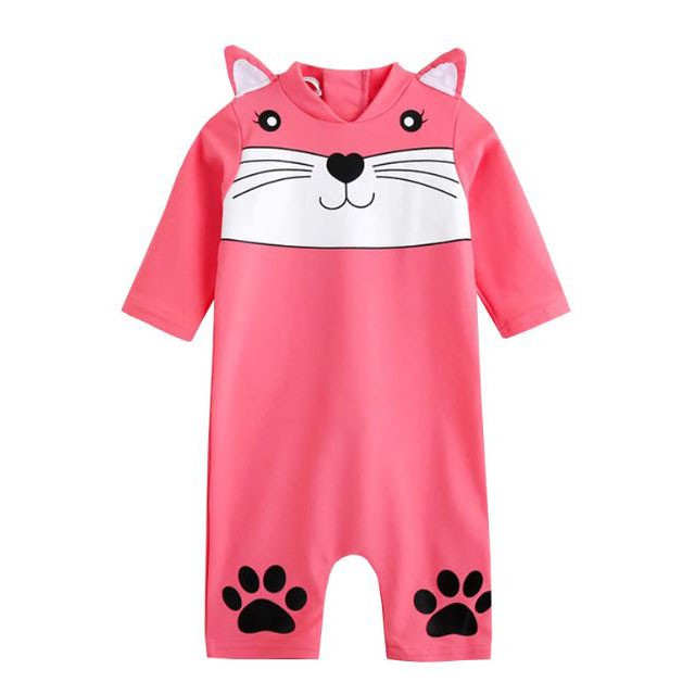 Bộ đồ bơi liền thân tay dài mèo hồng xinh xắn cho bé gái nhỏ