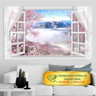 Tranh decal 3D bóc dán trang trí hình cửa sổ tạo chiều sâu không gian thêm mở rộng