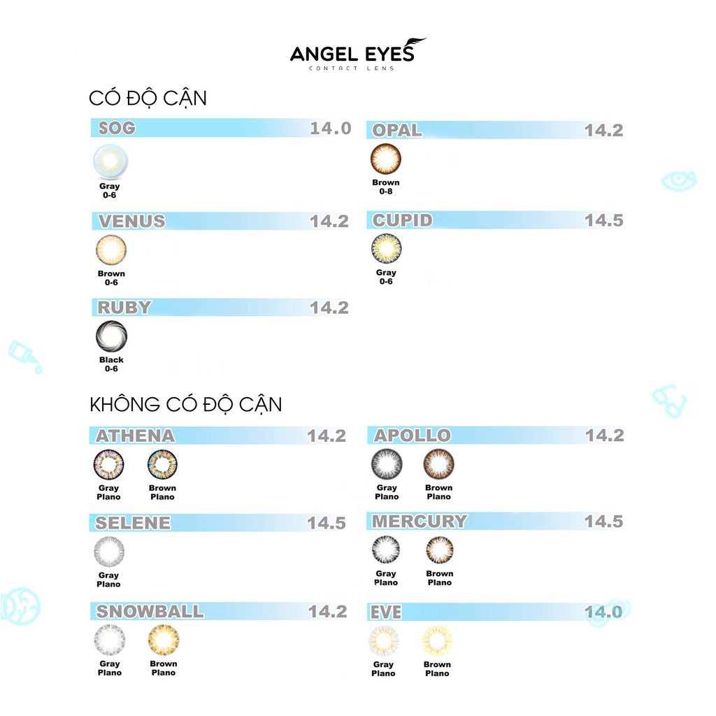 Combo lens mắt màu, nước ngâm lens và nhỏ mắt lens Angel Eyes có độ và không độ