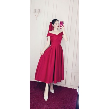 Đầm váy dự tiệc, cô dâu đi bàn form midi xòe phồng trễ vai bẹt vai sang trọng kèm bờm / lưới / lúp cô dâu