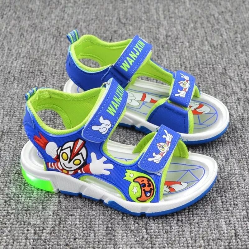 Có đèn led Sandal giày dép quai hậu xăng đan quai dán cho bé trai hình siêu nhân điện quang người nhện có đèn phát sáng