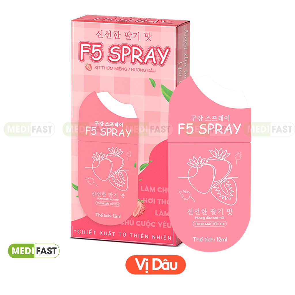 Xịt thơm miệng F5 Spray vị đào, dâu - Lọ 12ml thơm mát, làm sạch hơi thở, vệ sinh răng miệng - chiết xuất từ thảo dược