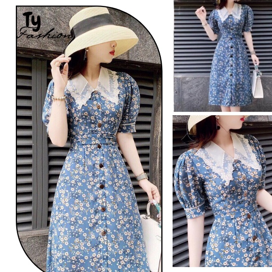 Đầm xòe hoa xanh cổ ren đính nút xinh xắn đi làm dạo phố Flora Dress Petystore full size D007 | BigBuy360 - bigbuy360.vn