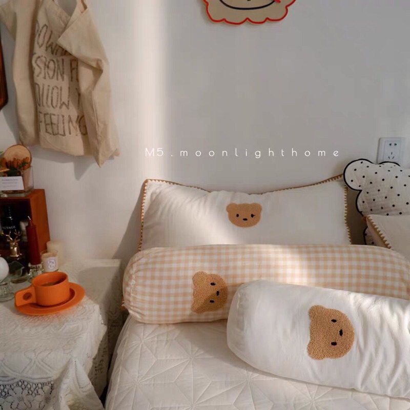 Gối Ôm ❤️ gối ôm bông cho bé gấu teddy kẻ caro kháng khuẩn vải cotton chất lượng cao siêu bền không xù lông nhập khẩu