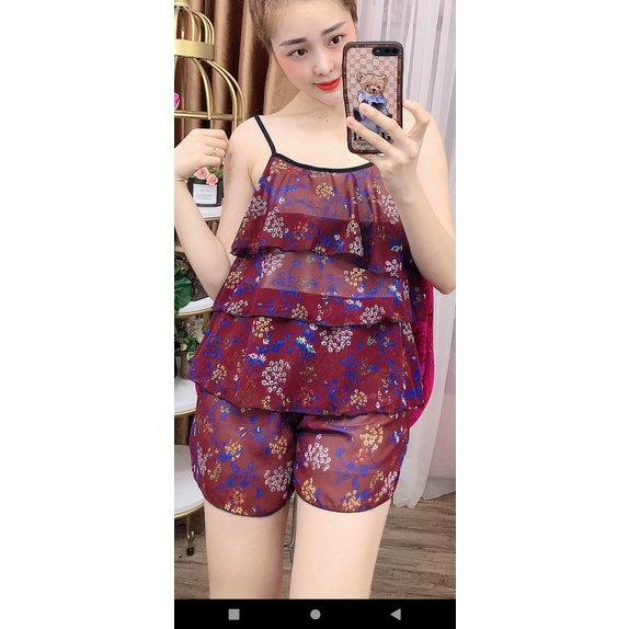 Set bộ áo 2 dây quần đùi ngắn lụa hàn Đồ mặc nhà họa tiết trái cây dễ thương | BigBuy360 - bigbuy360.vn