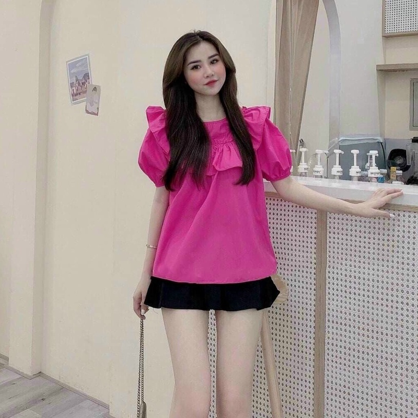 Set bộ đồ nữ áo cổ tròn viền bèo tay búp mix chân váy đen có lớp lót dễ thương