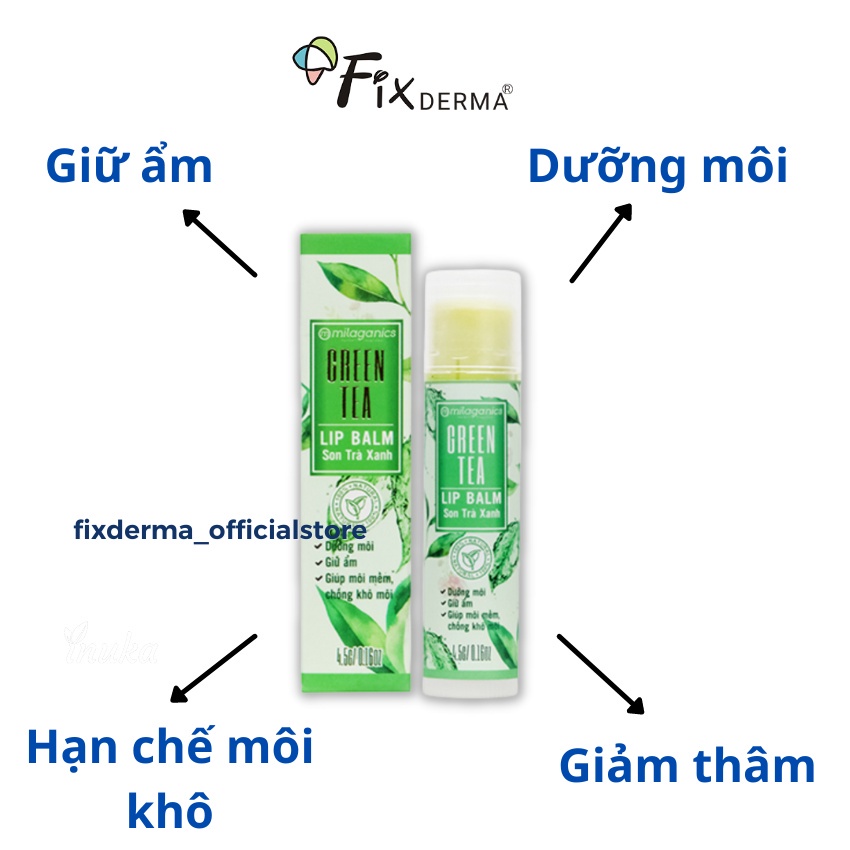 Son dưỡng tẩy tế bào chết dưỡng ẩm son dưỡng môi trà xanh Milaganics (Thỏi 4.5g) Fixderma Chính Hãng