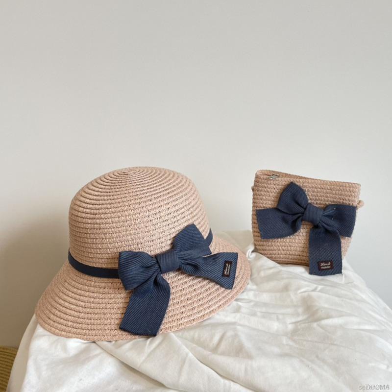 Set Mũ Và Túi Cói Đi Biển Phong Cách Công Chúa Cho Bé Gái
