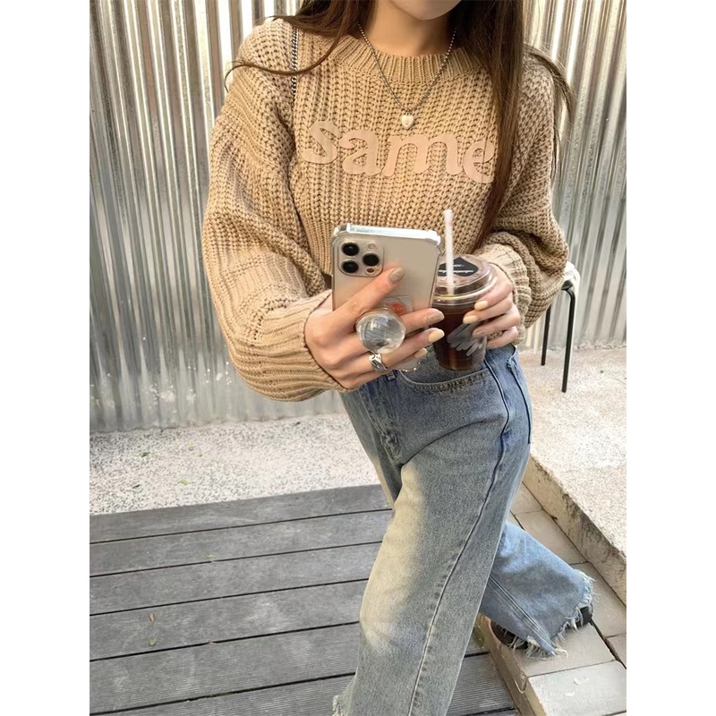 Áo Len Croptop Sweater Dệt Kim Tay Dài Dáng Rộng Thời Trang Mùa Thu Đông