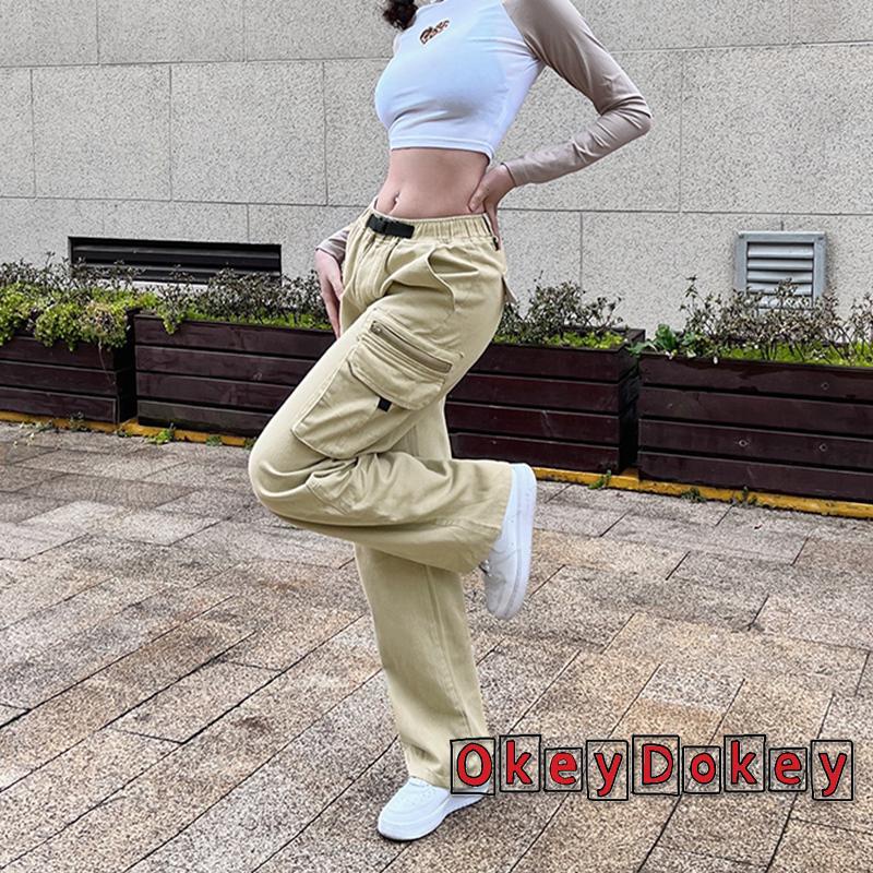 OKDK-Quần denim lưng cao nhiều túi màu trơn thời trang cho nữ