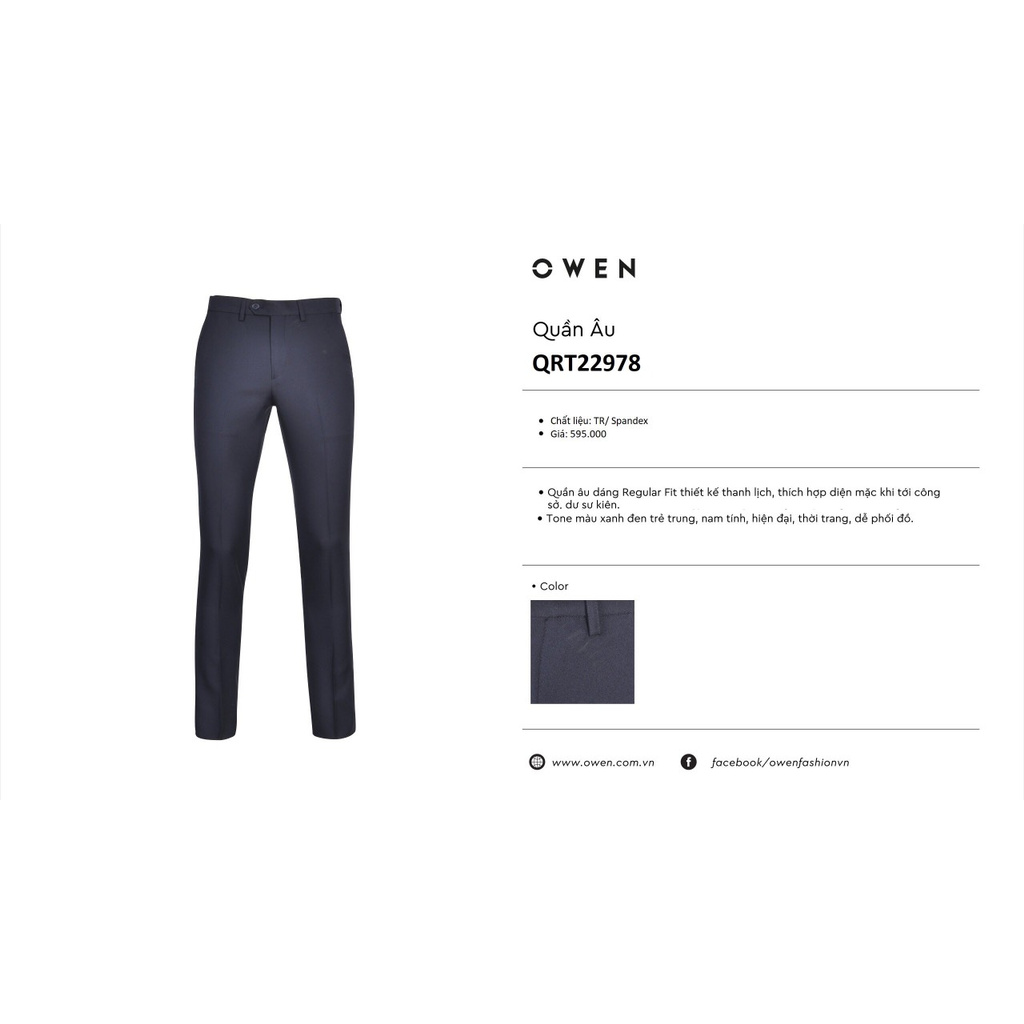 Quần Tây Nam Owen QRT22978 Quần Âu Nam Dáng Regular Fit Cạp Tăng Đơ Màu Xanh Đen