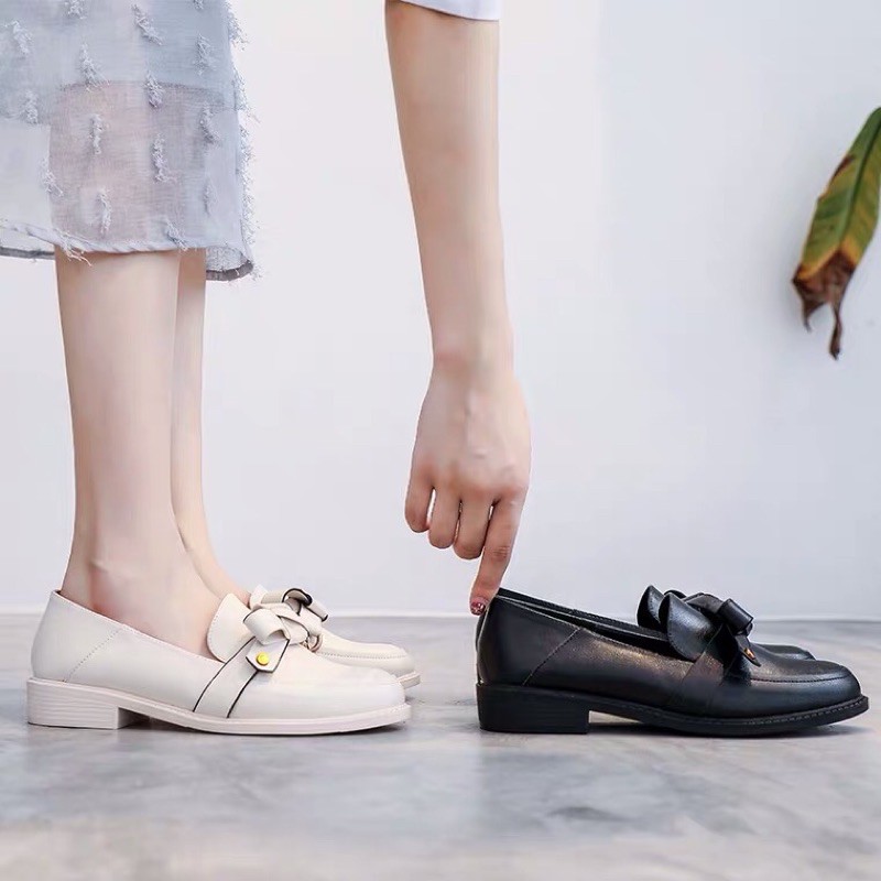 Giày Loafer Nữ Búp Bê, Giày Lười Mũi Tròn Dẻo Da Mềm Trang Trí Nơ Xinh Xắn
