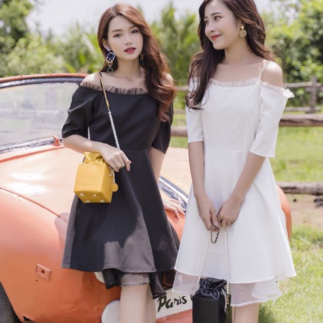 Đầm trễ vai phối lưới (2 màu)