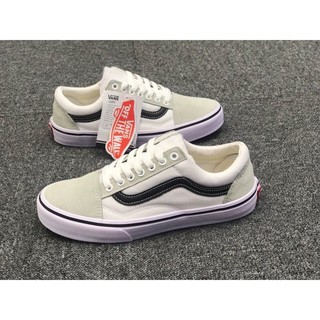 Giày Vans Old Skool trắng vạch đen, mũi da lộn xám