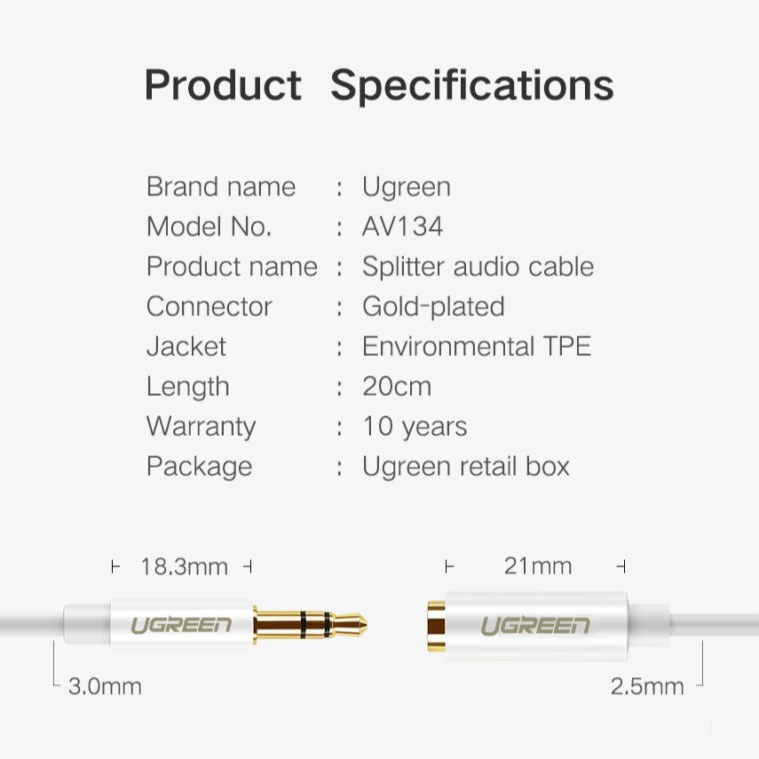 Ugreen Dây Cáp Tách Âm Thanh Tai Nghe 3.5mm 1Male Sang 2 Female Cho iPhone Samsung