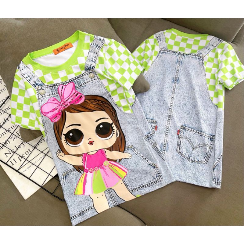 Đầm suông thun lạnh bé gái size đại in 3D giả yếm jean siêu xinh, váy bé gái