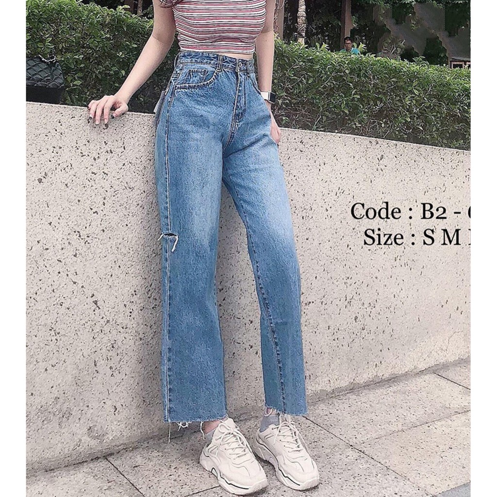 Quần jean ỐNG RỘNG NỮ dáng suôn xanh vân cắt hai hông siêu xinh suôn.10