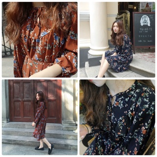 Đầm dáng dài hoa nhí hàn quốc dài tay vintage tiểu thư đẹp - D10