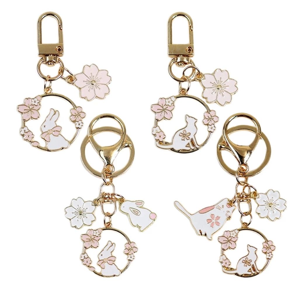 Móc khóa trang trí túi xách hình thỏ/mèo Sakura màu hồng dễ thương bằng kim loại