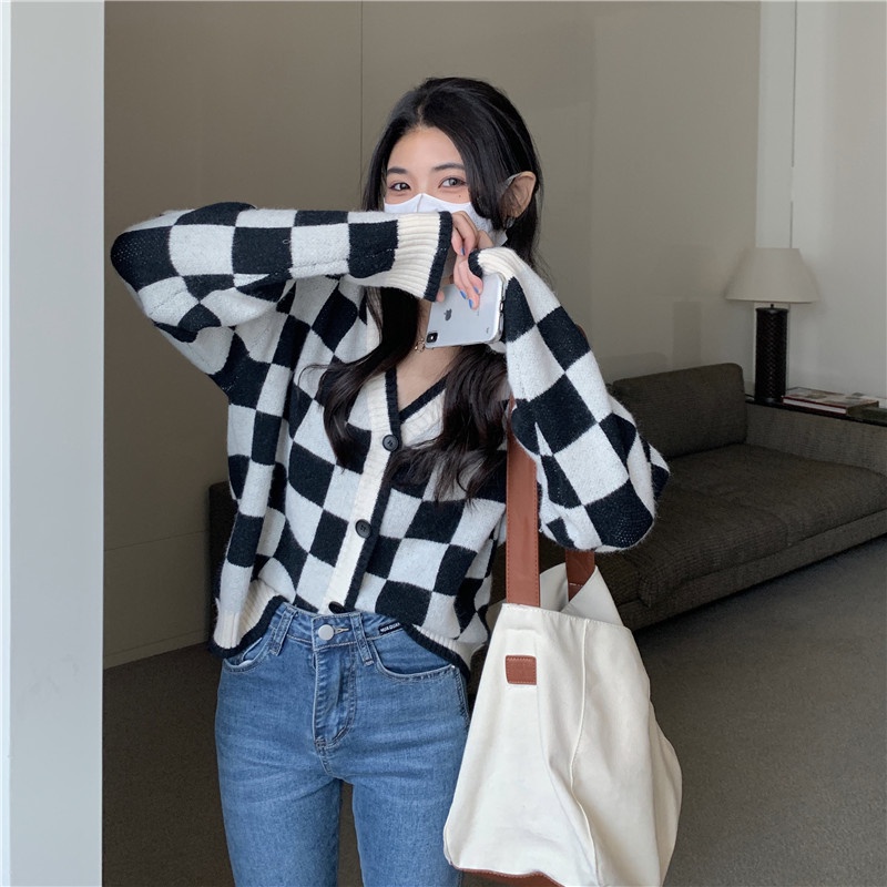 Áo khoác cardigan cổ chữ V dáng rộng thời trang Hàn Quốc