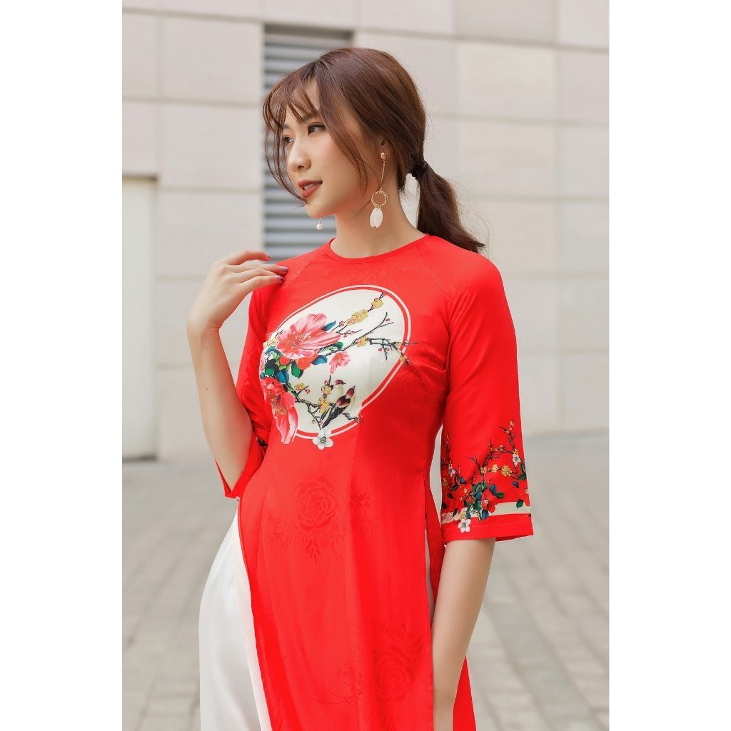 Áo Dài Cách Tân Nữ Đỏ Tết Cổ Tròn Tay Lỡ Vải Gấm Giãn Màu Trơn In Hoạ Tiết Có Nhiều Size | BigBuy360 - bigbuy360.vn