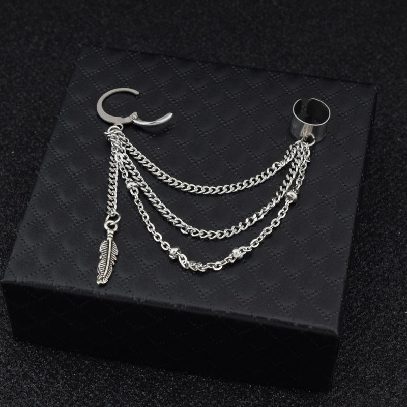 Khuyên tai BTS V kéo sợi 3 xích và lông vũ khuyên titan nam nữ unisex BTS không gỉ