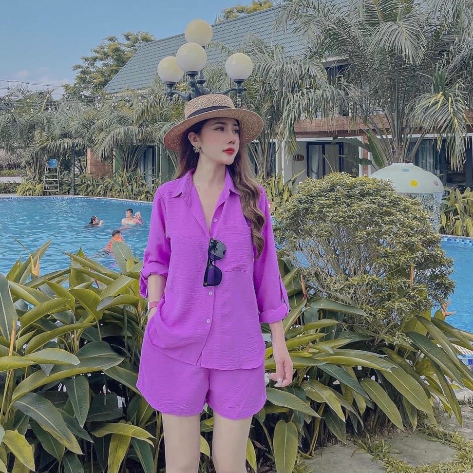Sét bộ áo kiểu sơ mi cài nút tay dài kèm quần đùi ống rộng tôn dáng, sang chảnh thời trang nữ cho nàng đi chơi