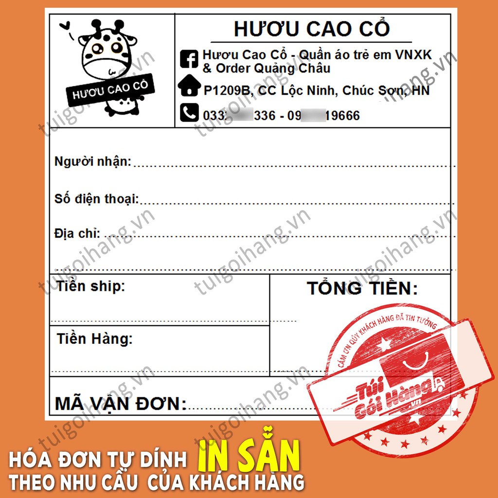 Hóa Đơn In Sẵn Tự Dính TUIGOIHANG Khổ 100x100mm Cuộn 500 Tem Thiết Kế Theo Yêu Cầu