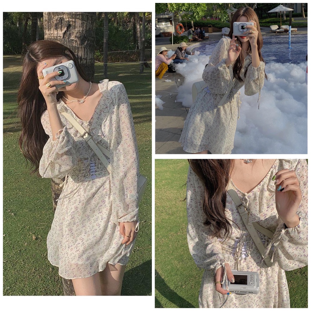 Đầm hoa nhí dài tay tiểu thư kèm đai rút eo vintage kèm đai corset siêu xinh phong cách hàn quốc Kozoda D37